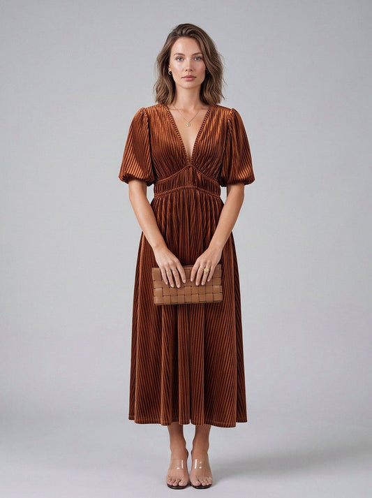 Velvet Puff Sleeve Midi Dress