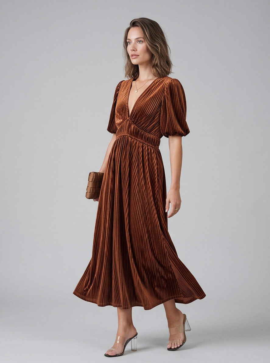 Velvet Puff Sleeve Midi Dress