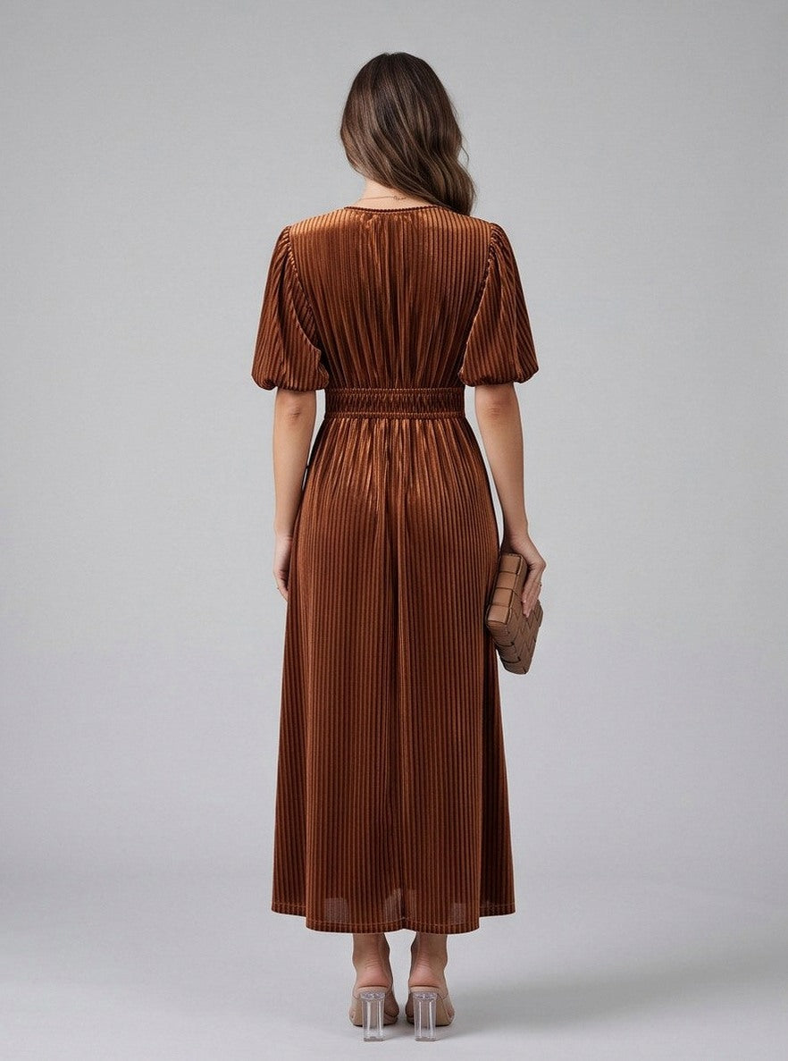 Velvet Puff Sleeve Midi Dress