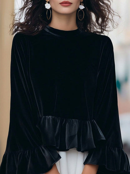 Velvet Ruffle Mock Neck Blouse