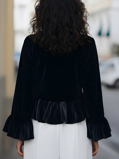 Velvet Ruffle Mock Neck Blouse