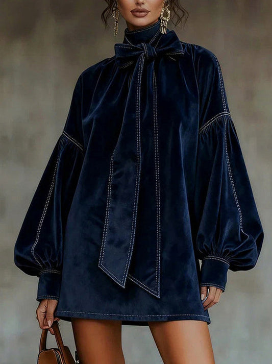 Velvet Tie Neck Balloon Sleeve Mini Dress