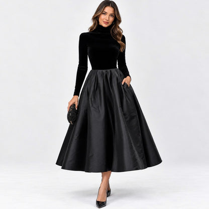 Velvet Turtleneck Long Sleeve Pleated A-Line Midi Dress