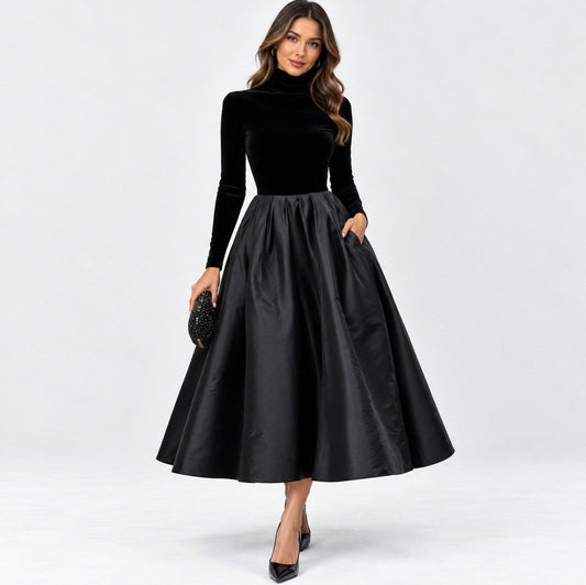 Velvet Turtleneck Long Sleeve Pleated A-Line Midi Dress