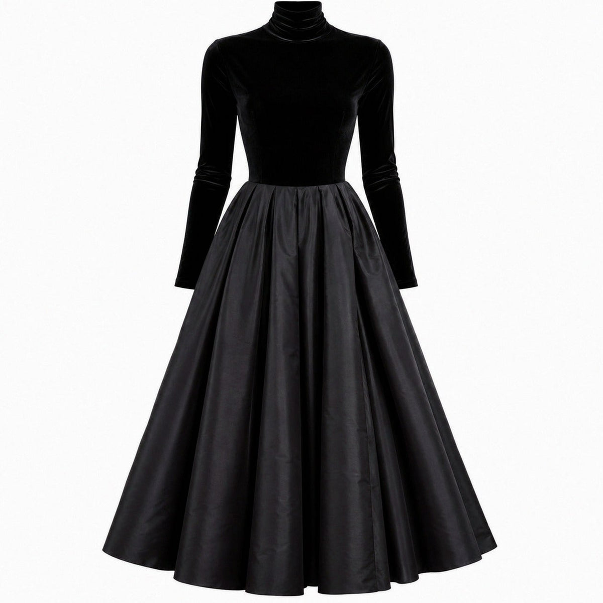 Velvet Turtleneck Long Sleeve Pleated A-Line Midi Dress