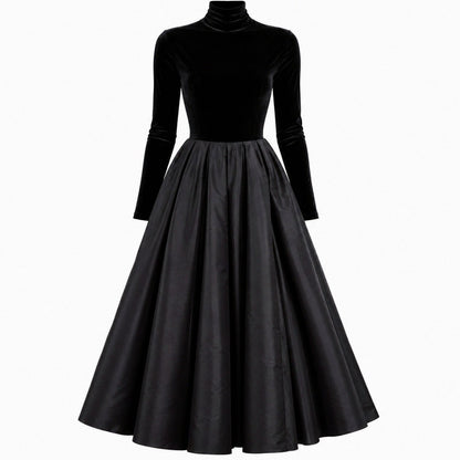 Velvet Turtleneck Long Sleeve Pleated A-Line Midi Dress