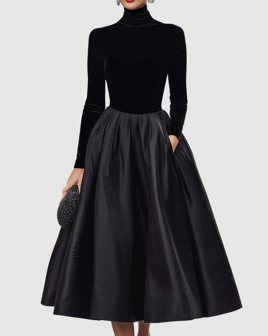 Velvet Turtleneck Long Sleeve Pleated A-Line Midi Dress