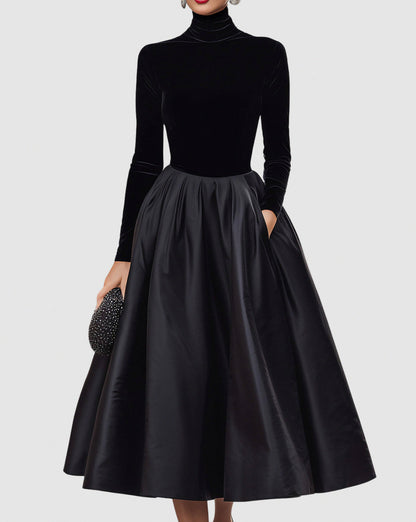 Velvet Turtleneck Long Sleeve Pleated A-Line Midi Dress