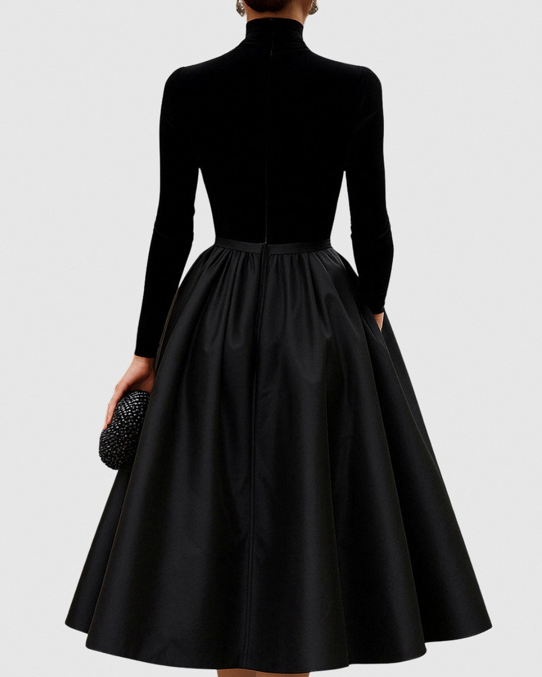 Velvet Turtleneck Long Sleeve Pleated A-Line Midi Dress