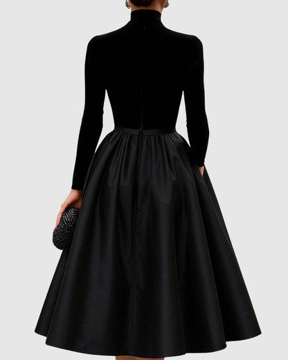 Velvet Turtleneck Long Sleeve Pleated A-Line Midi Dress