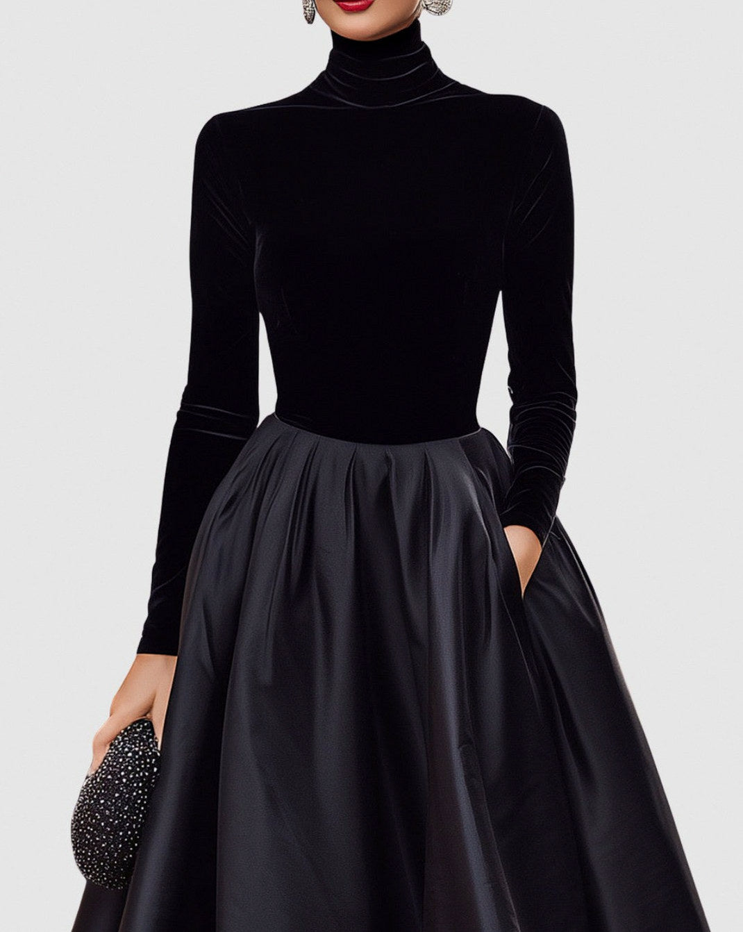Velvet Turtleneck Long Sleeve Pleated A-Line Midi Dress