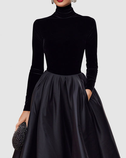 Velvet Turtleneck Long Sleeve Pleated A-Line Midi Dress
