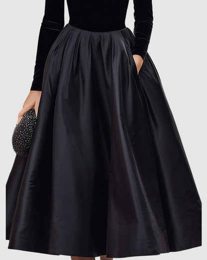 Velvet Turtleneck Long Sleeve Pleated A-Line Midi Dress