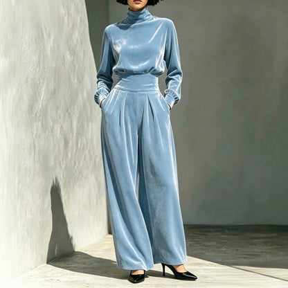 Velvet Turtleneck Top and Wide Leg Pants Set