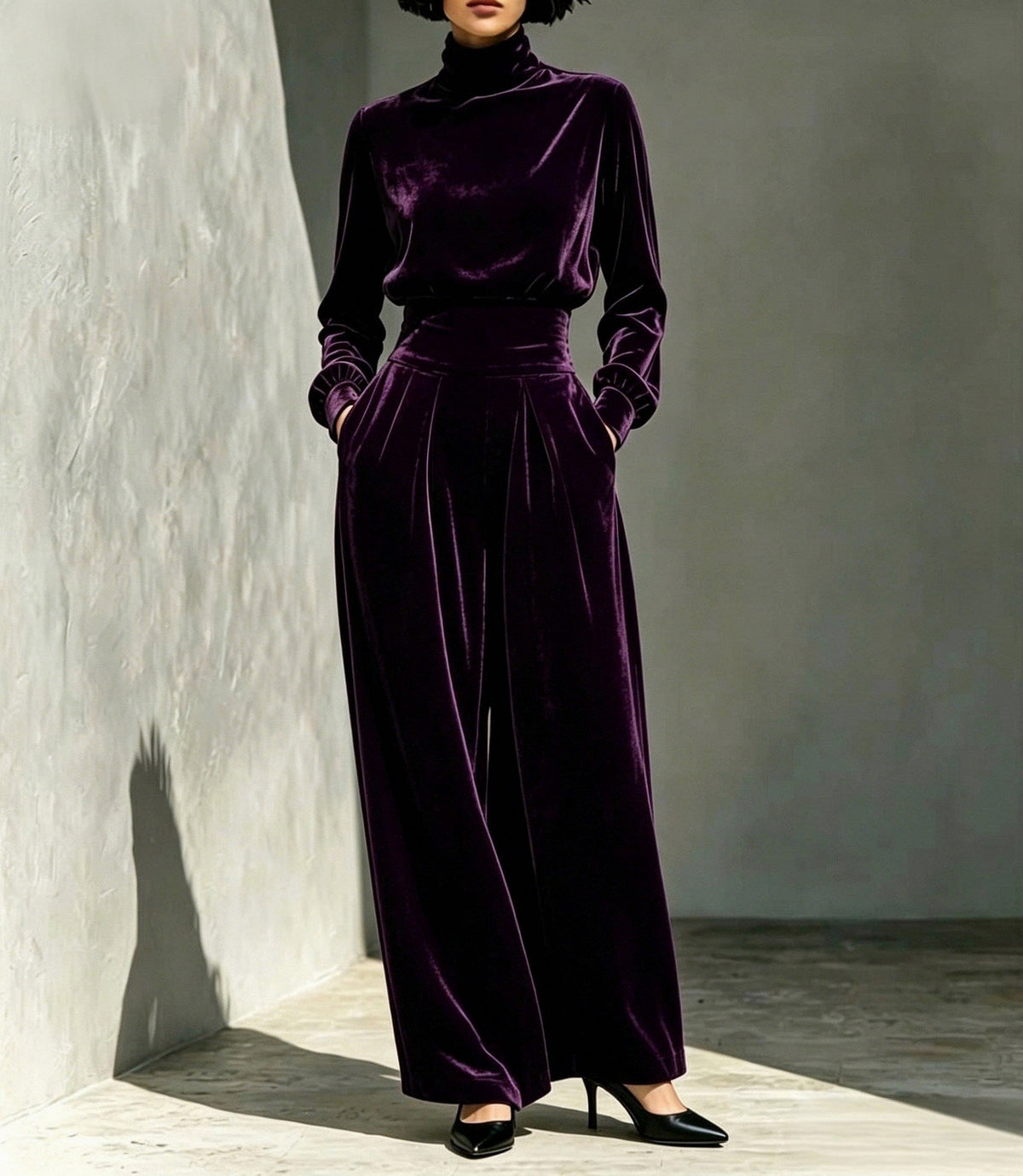 Velvet Turtleneck Top and Wide Leg Pants Set