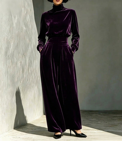 Velvet Turtleneck Top and Wide Leg Pants Set