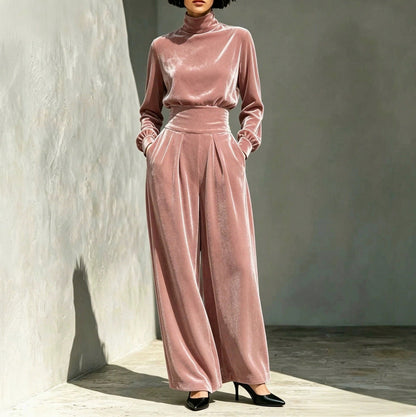 Velvet Turtleneck Top and Wide Leg Pants Set