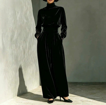 Velvet Turtleneck Top and Wide Leg Pants Set