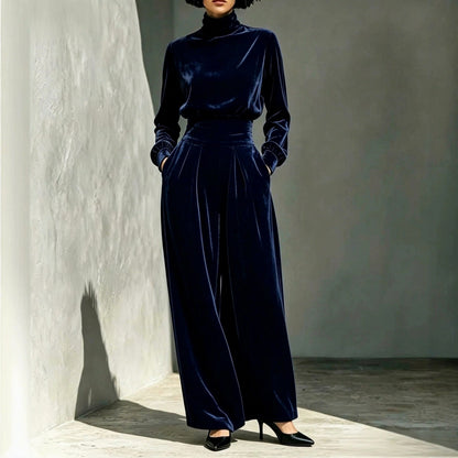 Velvet Turtleneck Top and Wide Leg Pants Set