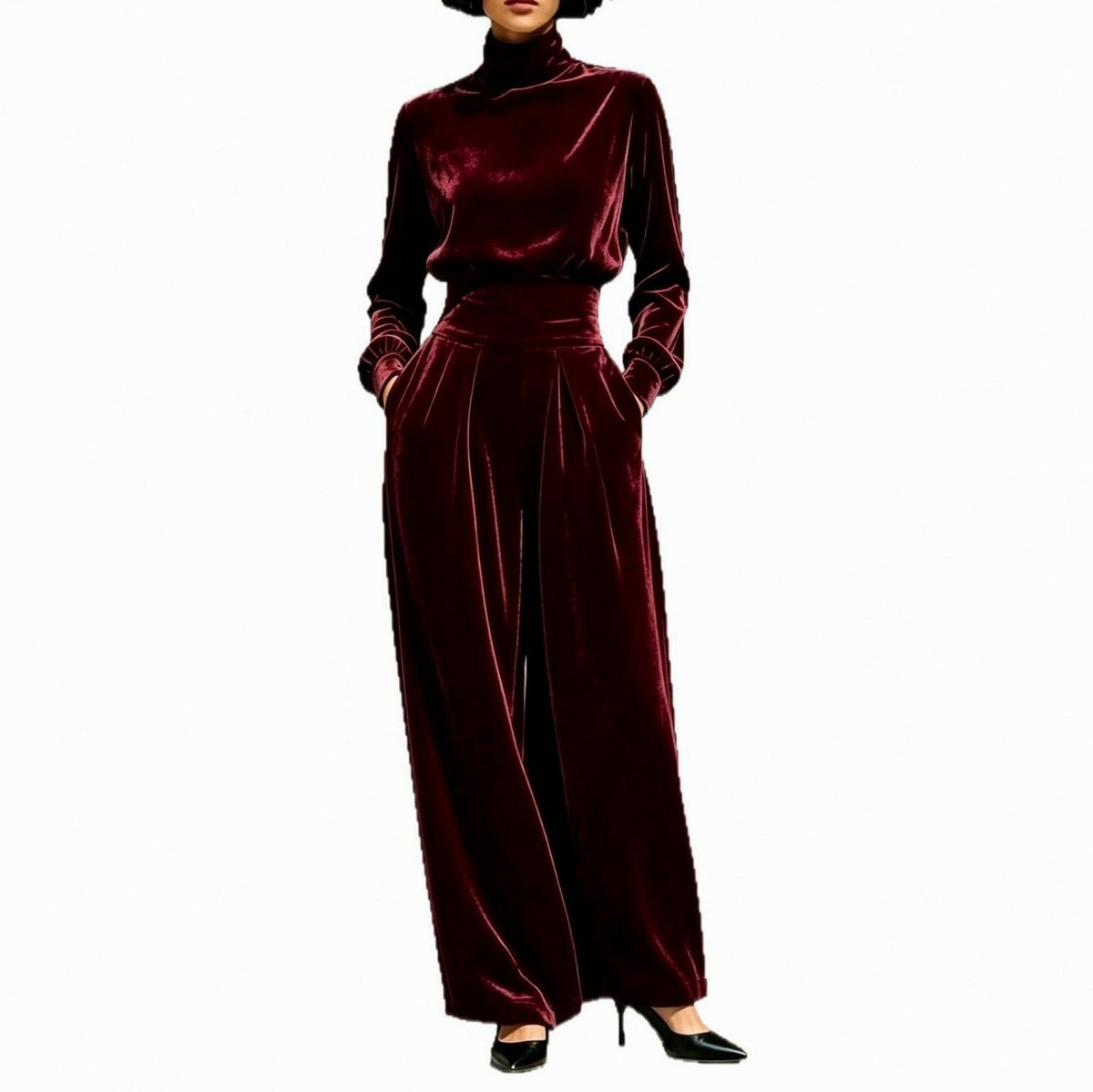 Velvet Turtleneck Top and Wide Leg Pants Set