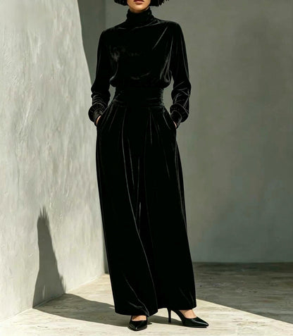 Velvet Turtleneck Top and Wide Leg Pants Set