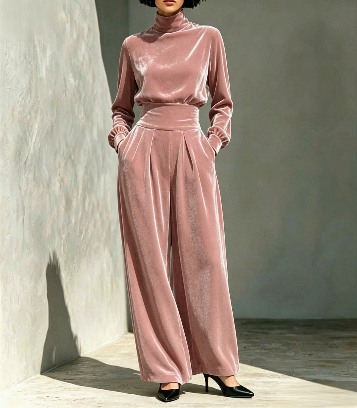 Velvet Turtleneck Top and Wide Leg Pants Set
