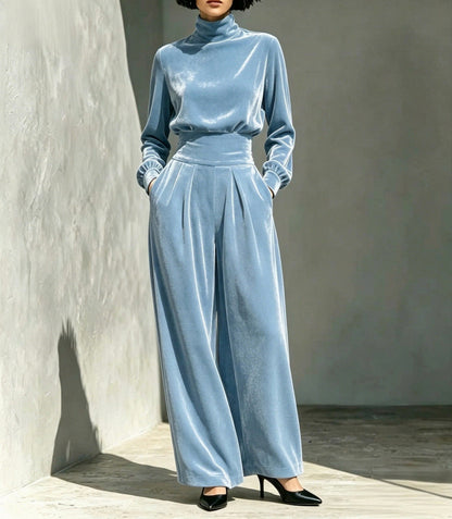 Velvet Turtleneck Top and Wide Leg Pants Set