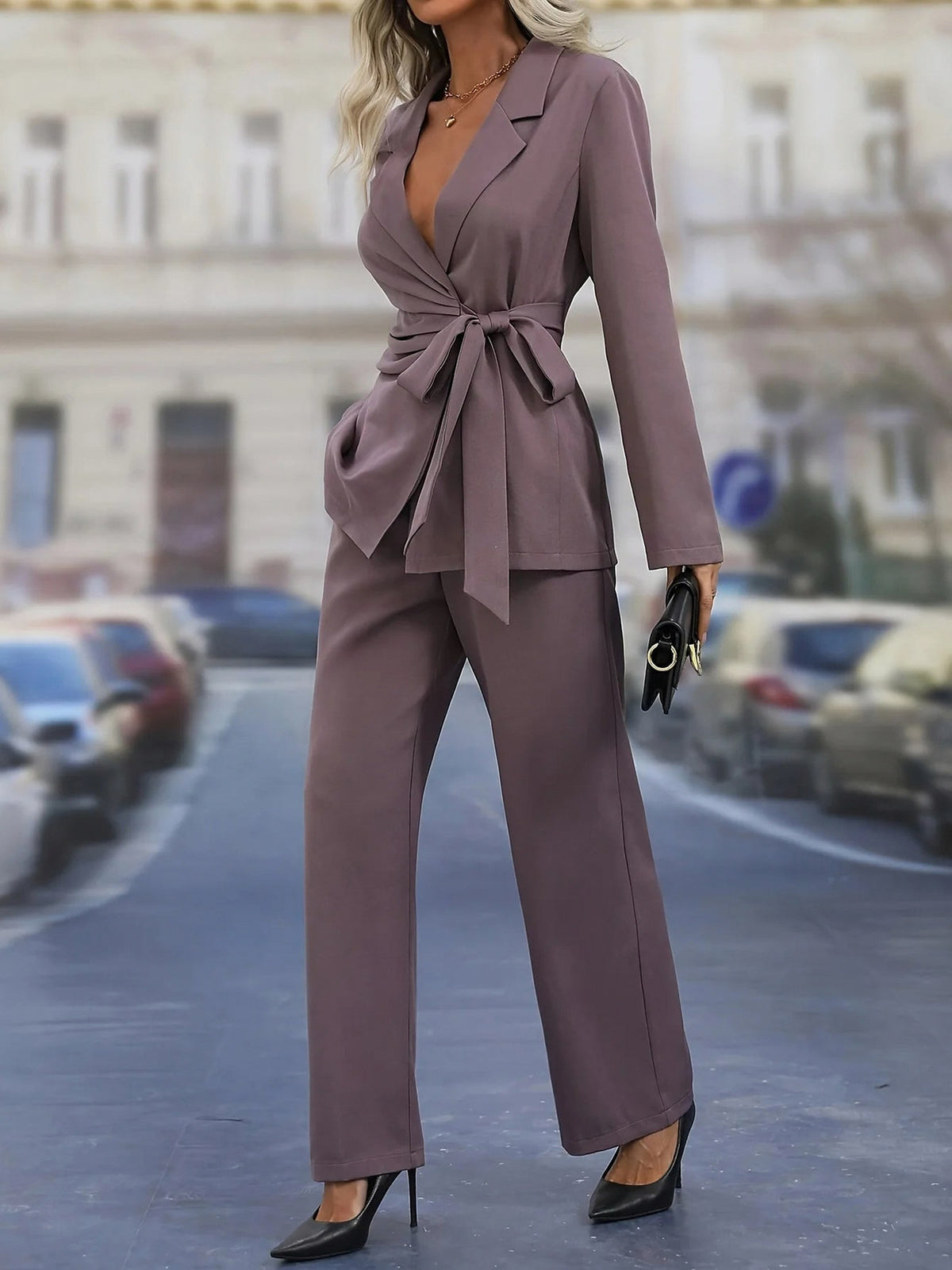 Wrap Tie Waist Blazer Matching Set