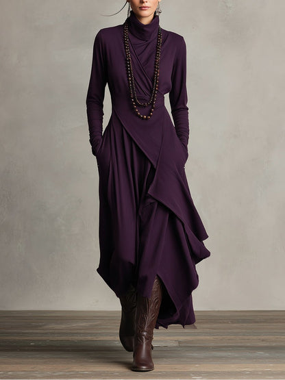 Wrap Turtleneck Long Sleeve Midi Dress