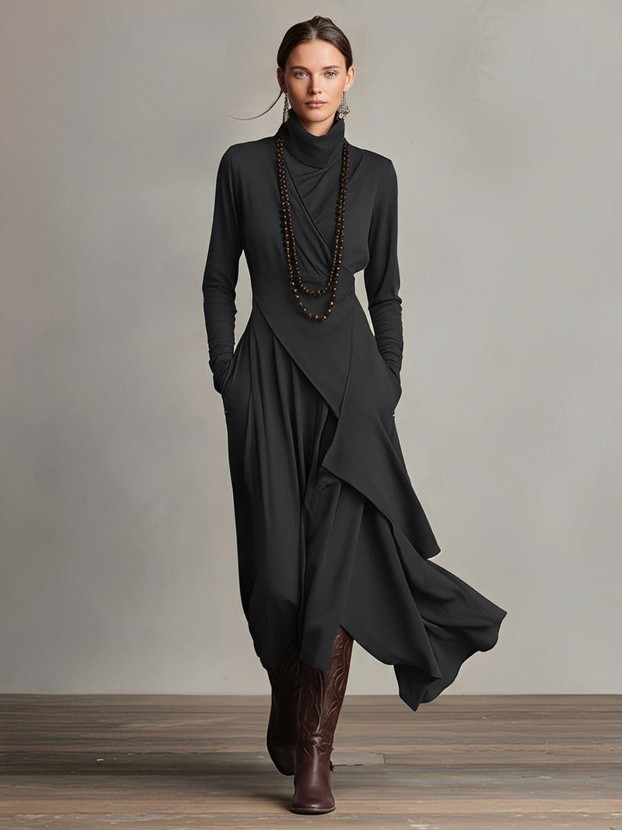 Wrap Turtleneck Long Sleeve Midi Dress