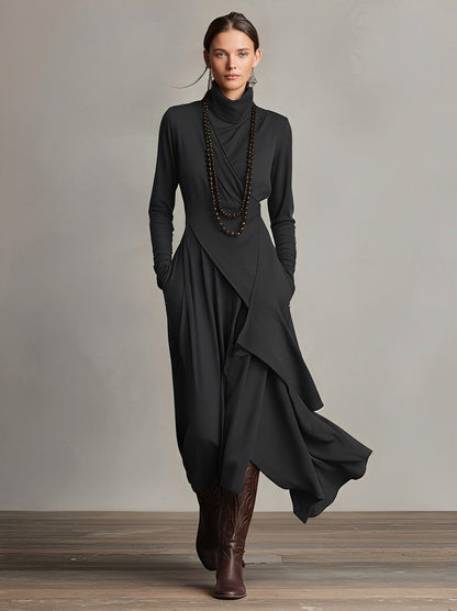 Wrap Turtleneck Long Sleeve Midi Dress