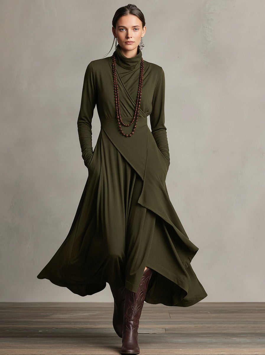 Wrap Turtleneck Long Sleeve Midi Dress