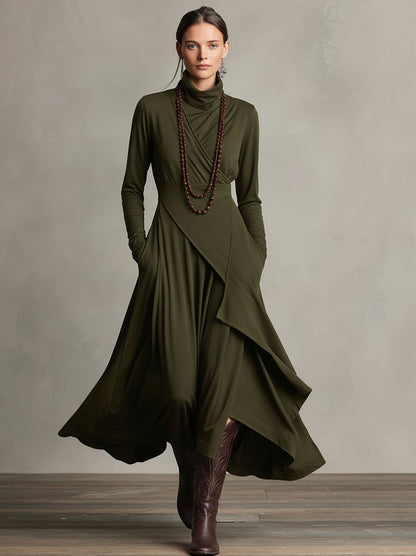 Wrap Turtleneck Long Sleeve Midi Dress
