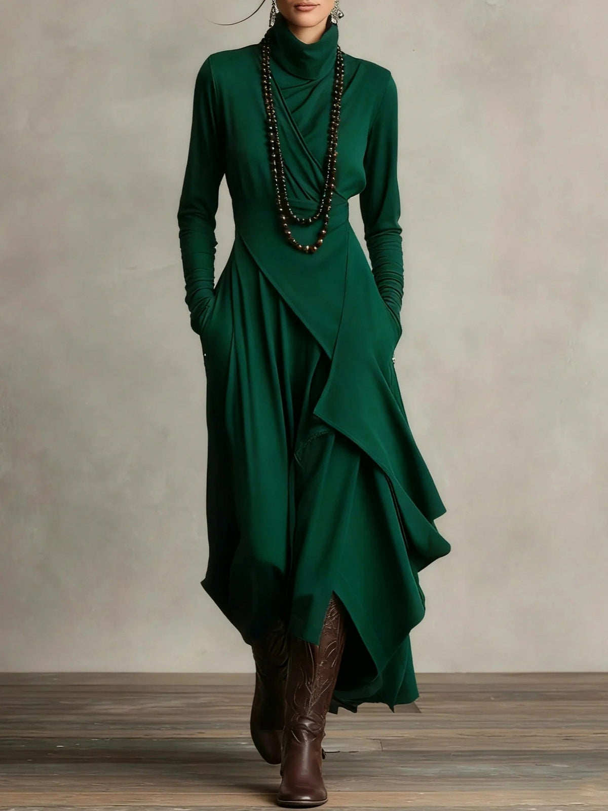 Wrap Turtleneck Long Sleeve Midi Dress