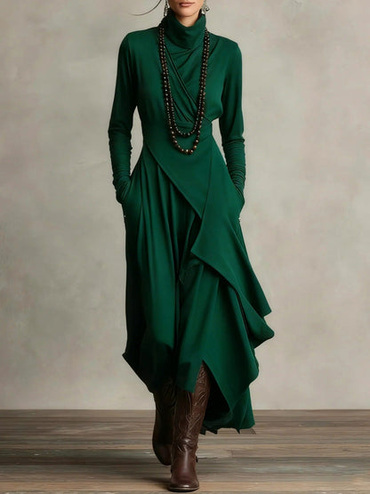 Wrap Turtleneck Long Sleeve Midi Dress